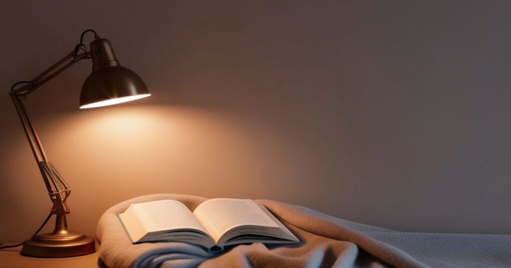 机の上に本を広げ、上からライトが照らしている。