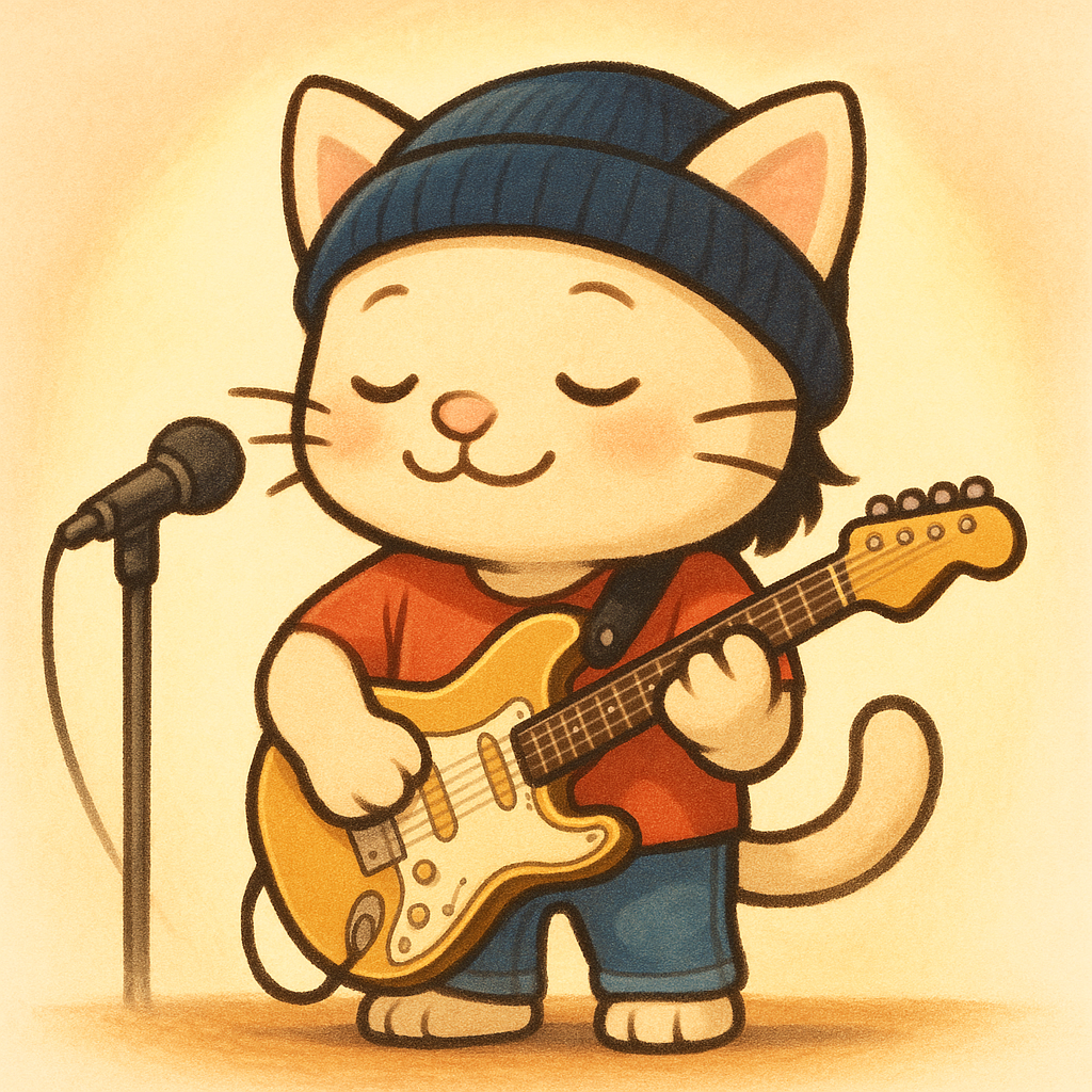 ちびキャラ猫ミュージシャン（紺ニット帽・赤シャツ・Gパン・エレキギター）