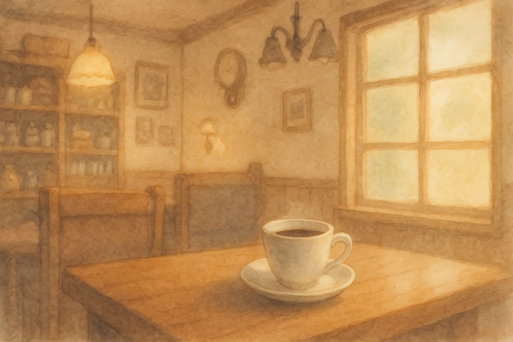 昭和レトロ喫茶の風景　テーブルの上にコーヒー　暖かそうな湯気